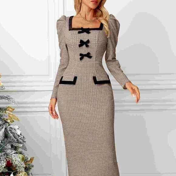 Houndstooth Bow Square Neck Dress | New Sheath Midi Dress w/ Long Sleeves - Picture 1 of 9